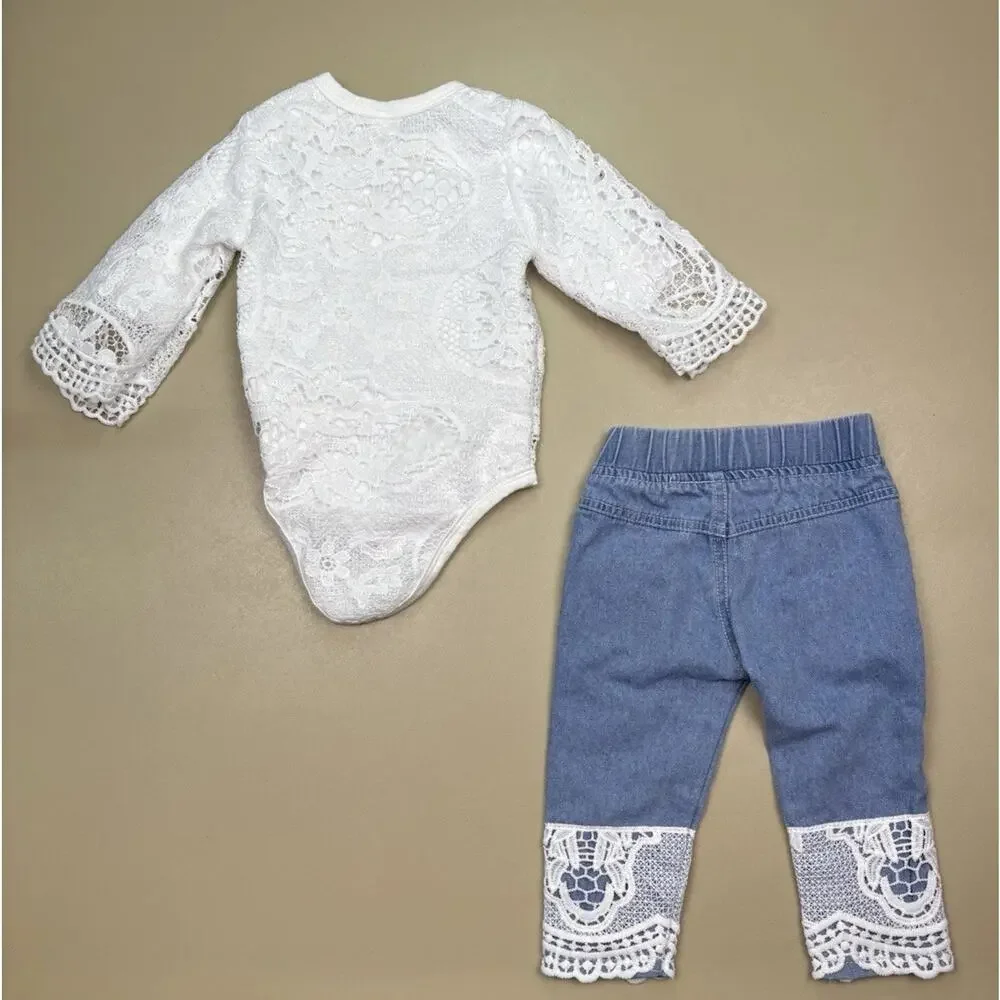 Baby Girl Lace Bodysuit Jeans Outfit Set Size 70 Distressed Denim EUC